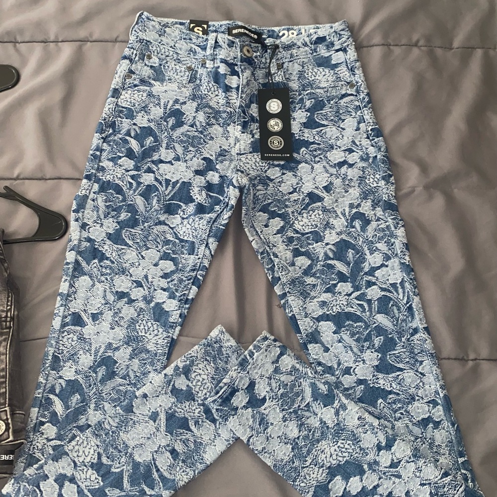 Skinny Floral Print Jeans - Blue